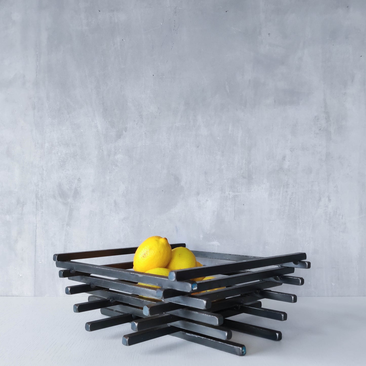 Vintage heavy welded steel rod geometric gridded sculptural fruit bowl centrepiece
