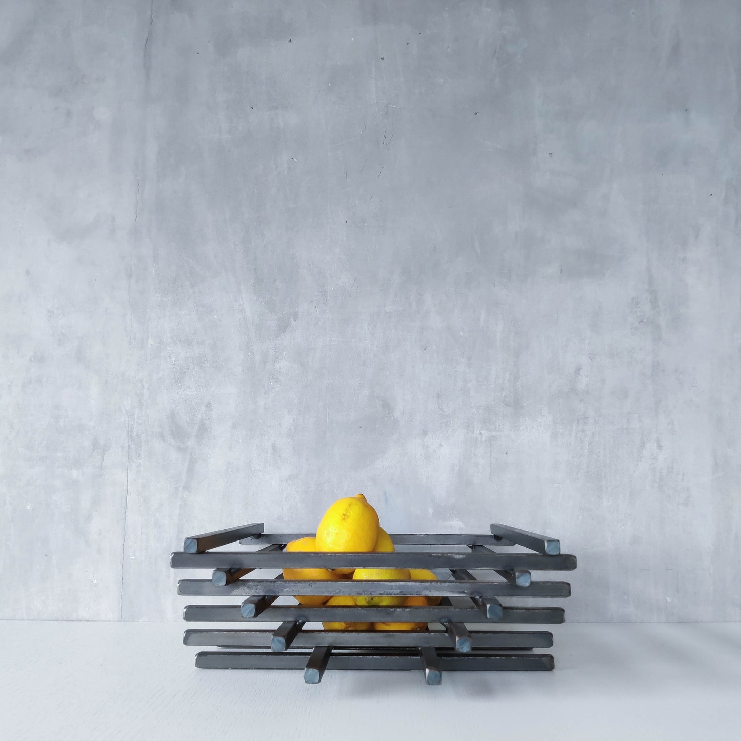 Vintage heavy welded steel rod geometric gridded sculptural fruit bowl centrepiece