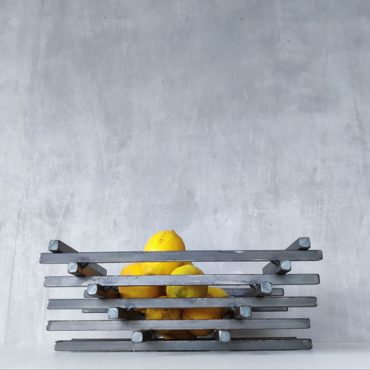 Vintage heavy welded steel rod geometric gridded sculptural fruit bowl centrepiece