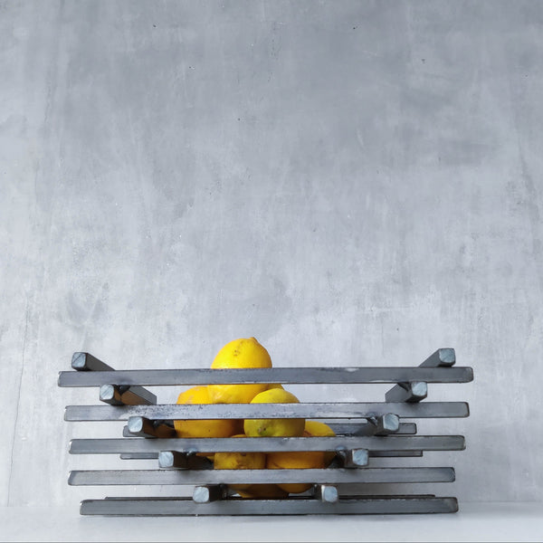 Vintage heavy welded steel rod geometric gridded sculptural fruit bowl centrepiece