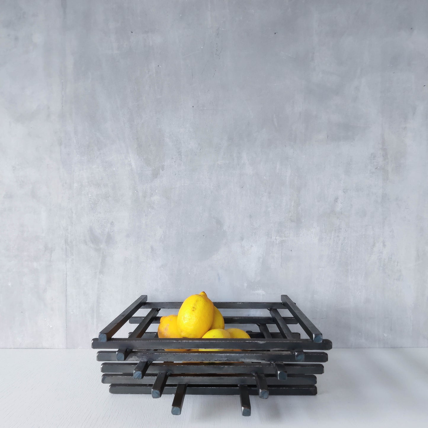 Vintage heavy welded steel rod geometric gridded sculptural fruit bowl centrepiece