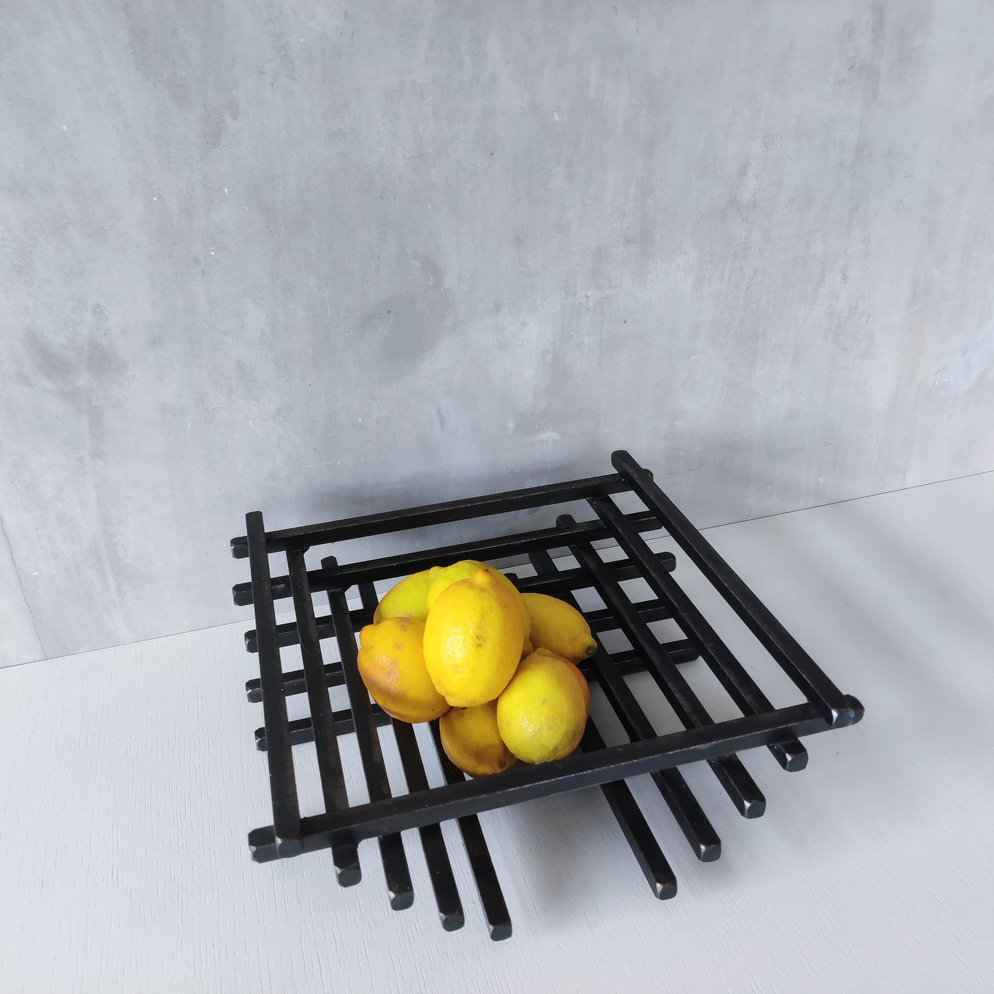 Vintage heavy welded steel rod geometric gridded sculptural fruit bowl centrepiece