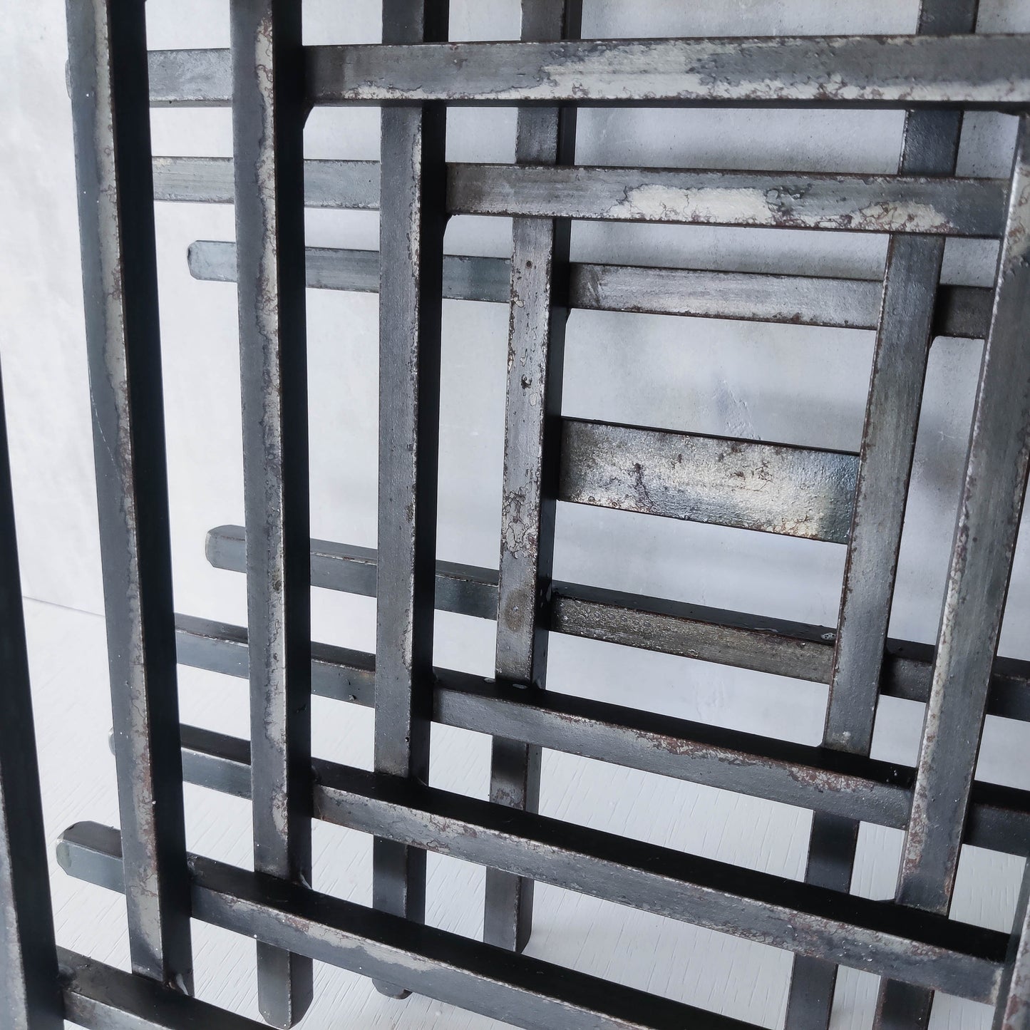 Vintage heavy welded steel rod geometric gridded sculptural fruit bowl centrepiece