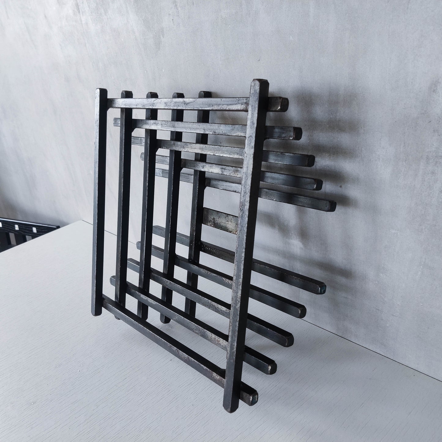 Vintage heavy welded steel rod geometric gridded sculptural fruit bowl centrepiece