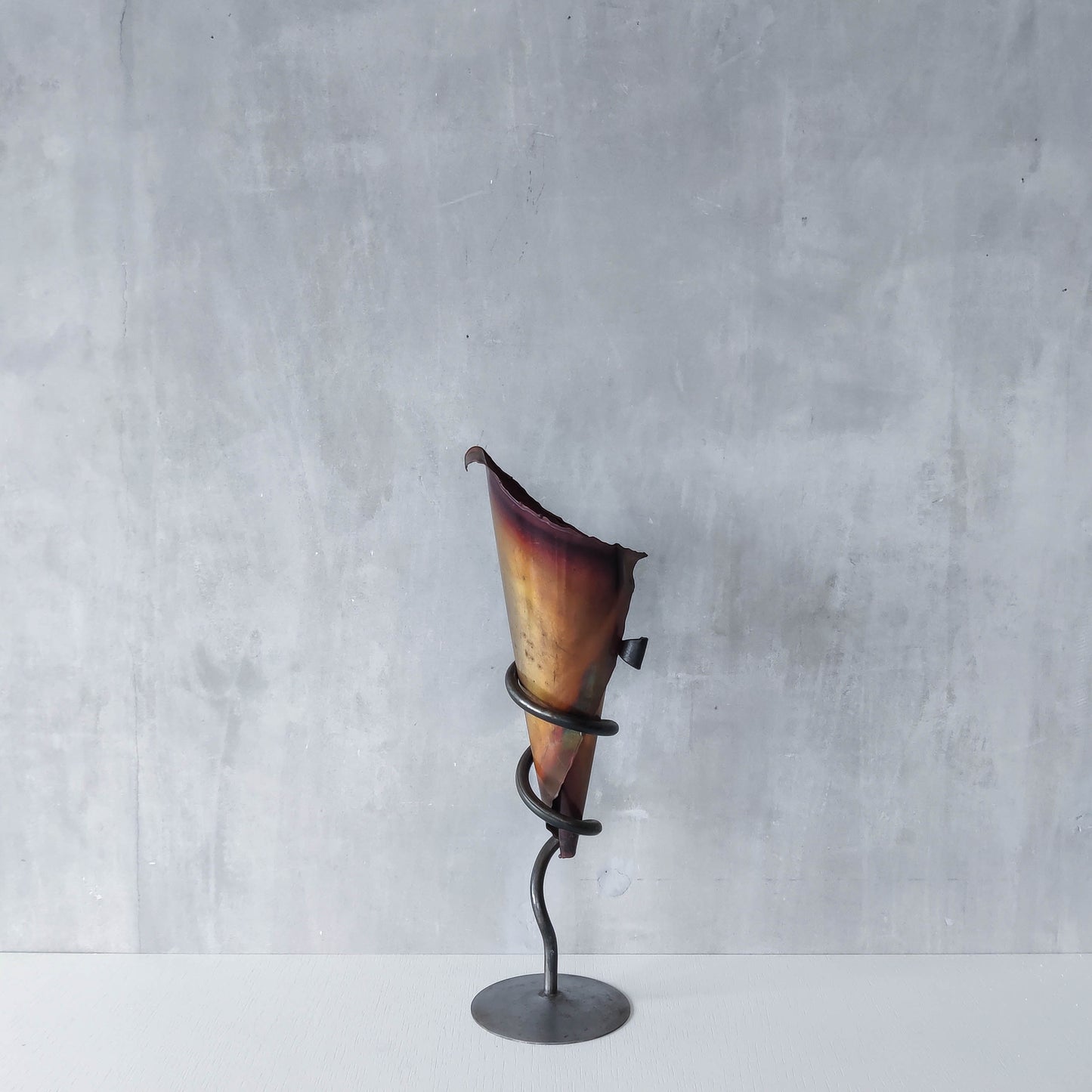 Vintage artisan large forged steel and conical copper sculptural vase