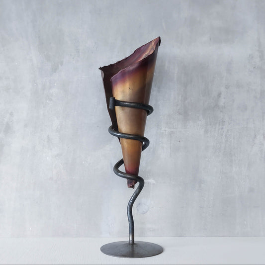 Vintage artisan large forged steel and conical copper sculptural vase