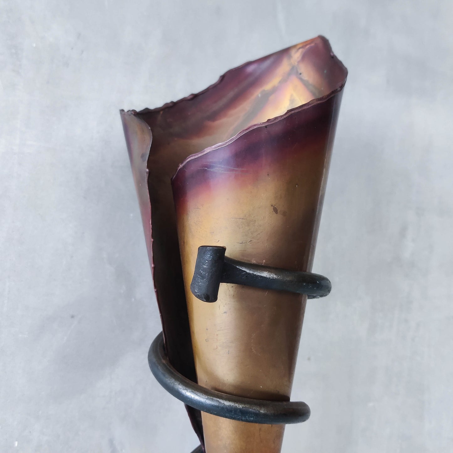 Vintage artisan large forged steel and conical copper sculptural vase