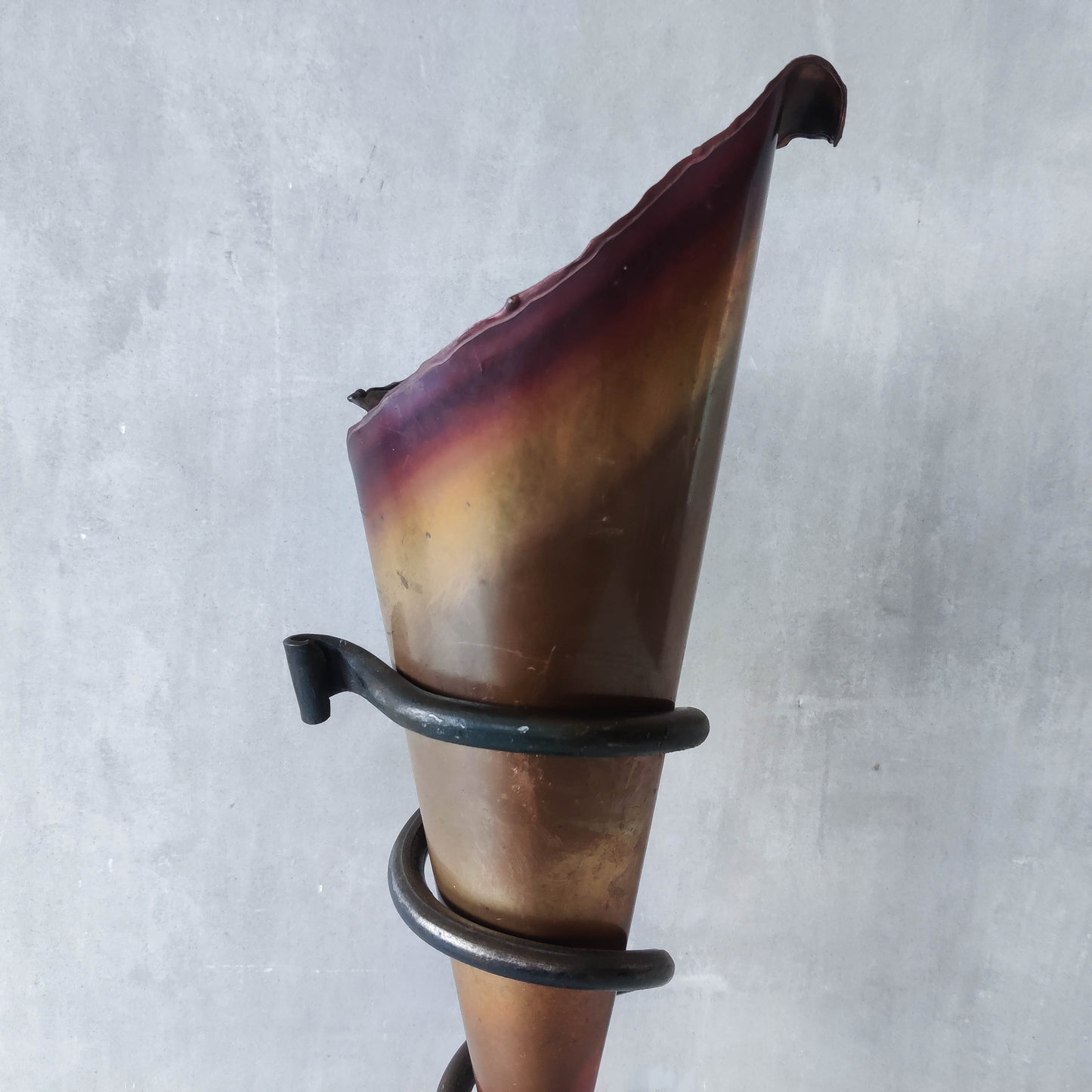 Vintage artisan large forged steel and conical copper sculptural vase
