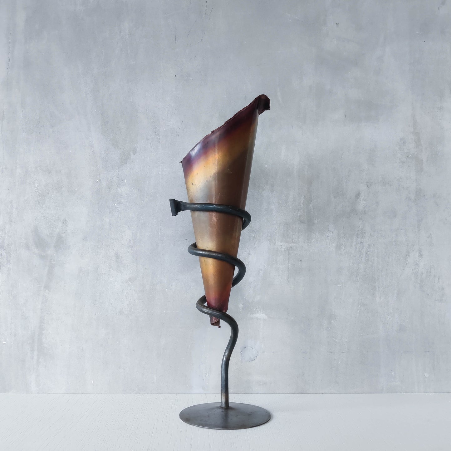 Vintage artisan large forged steel and conical copper sculptural vase