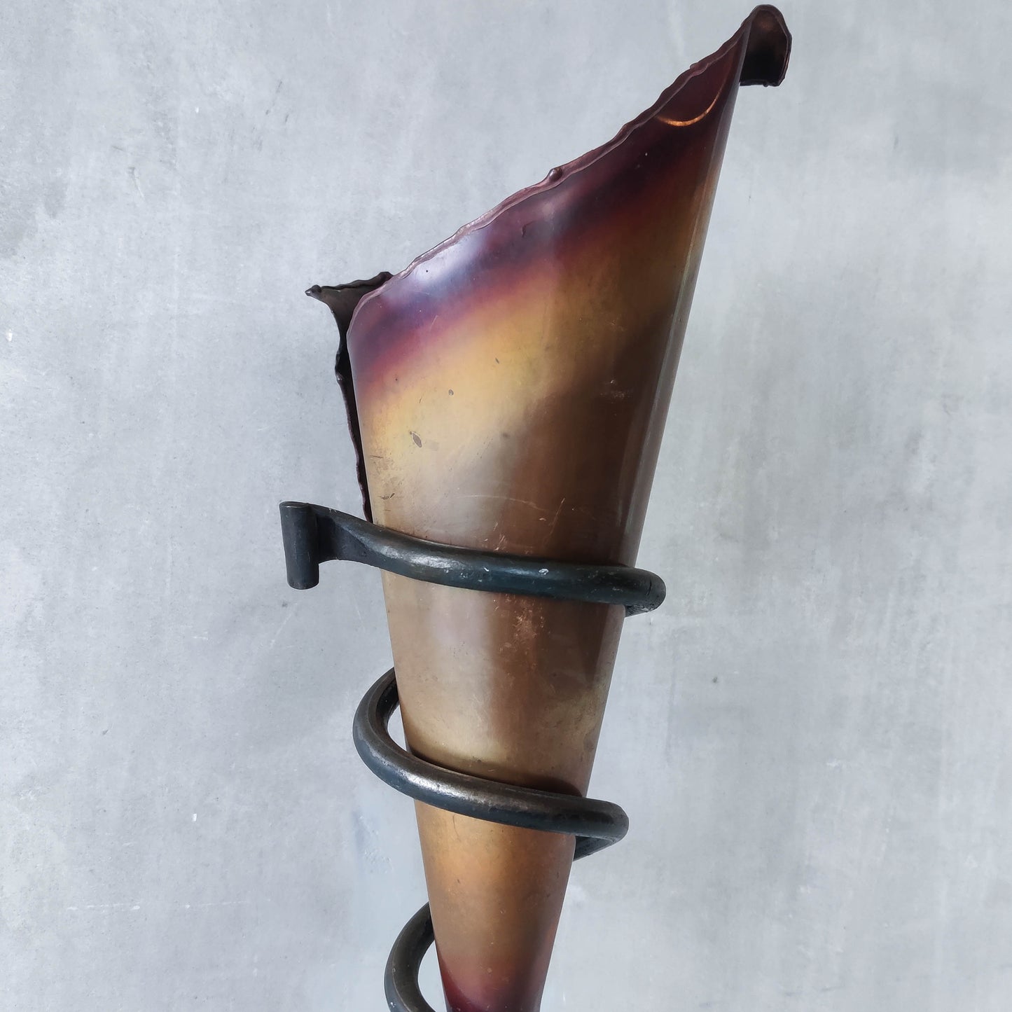 Vintage artisan large forged steel and conical copper sculptural vase