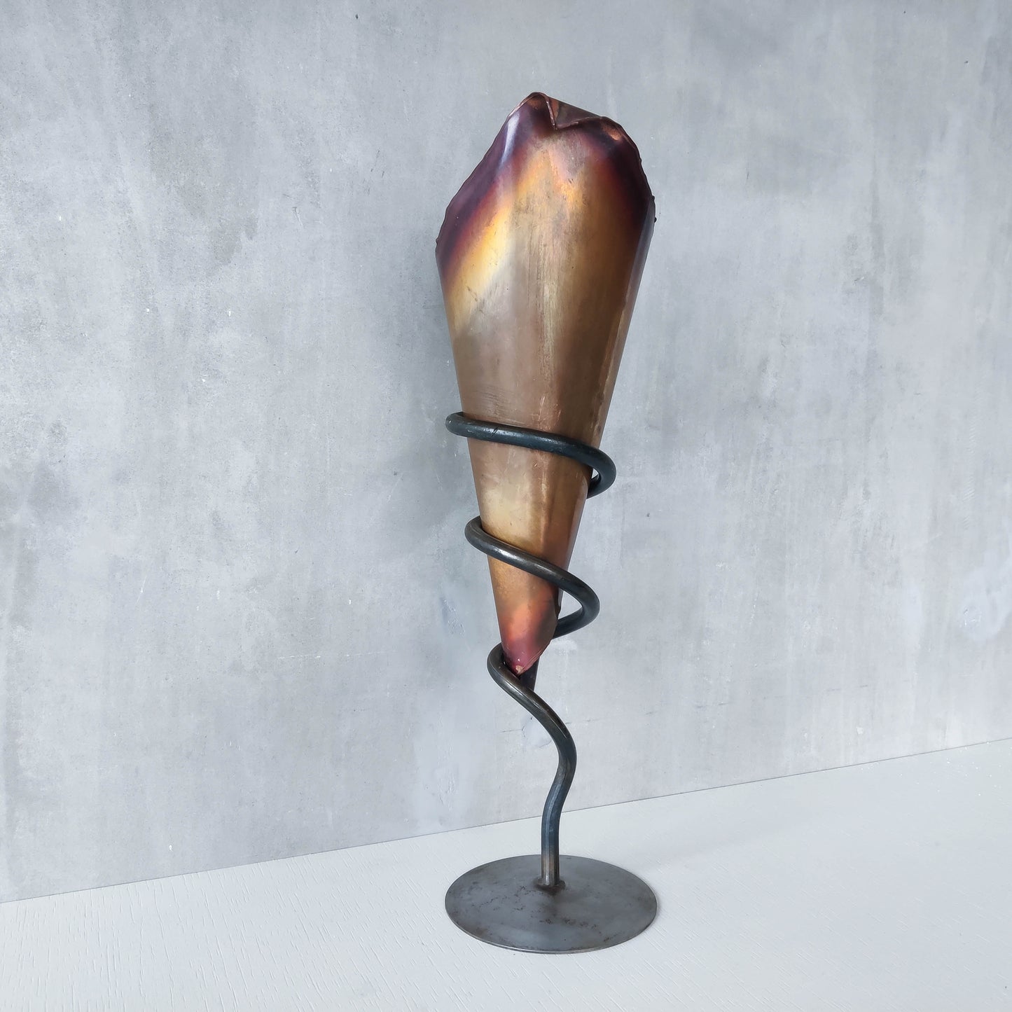Vintage artisan large forged steel and conical copper sculptural vase