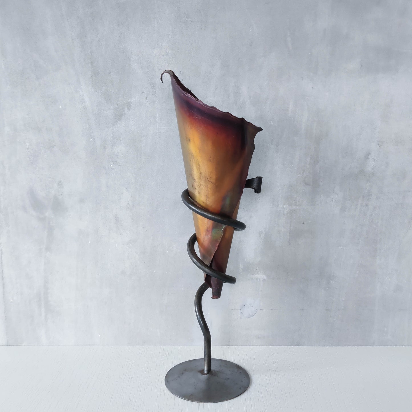 Vintage artisan large forged steel and conical copper sculptural vase