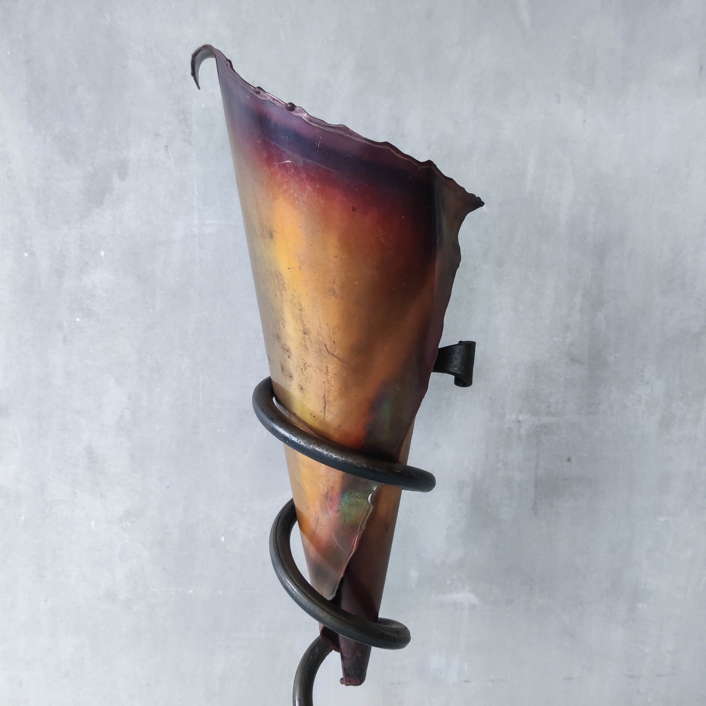 Vintage artisan large forged steel and conical copper sculptural vase