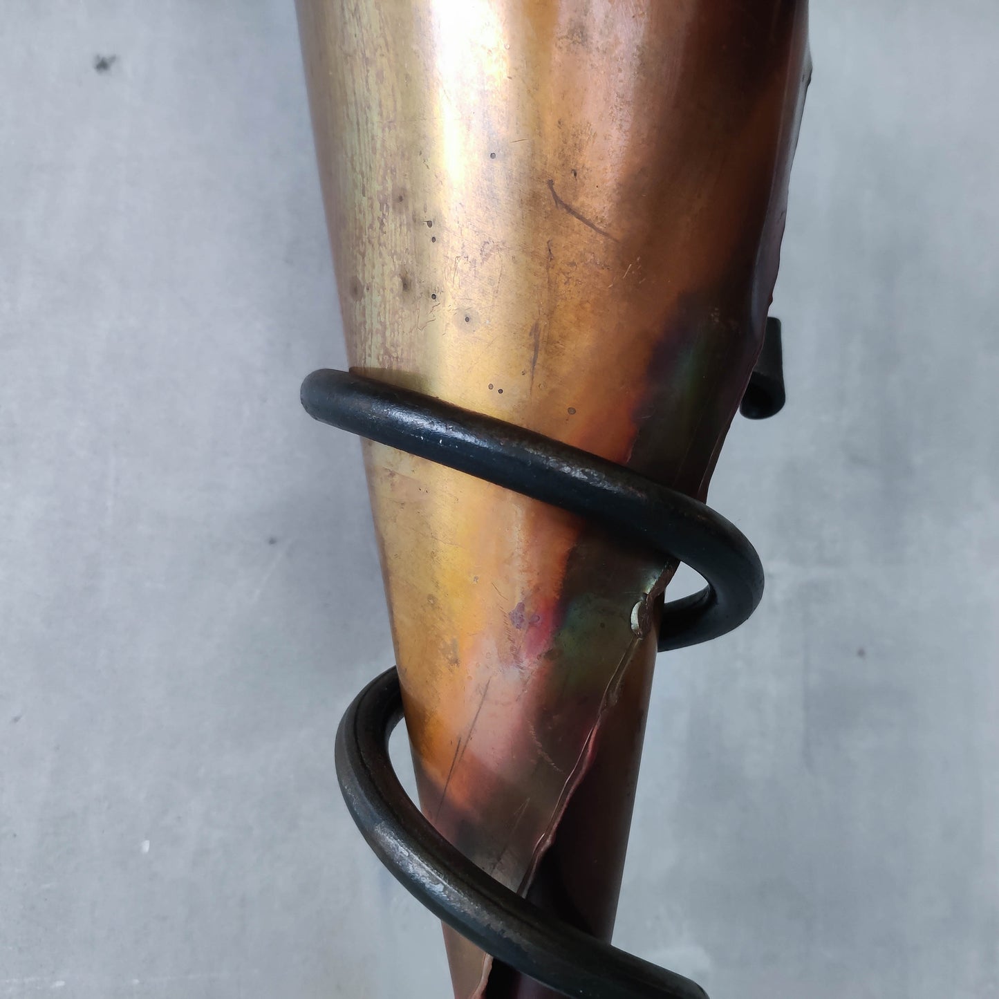 Vintage artisan large forged steel and conical copper sculptural vase