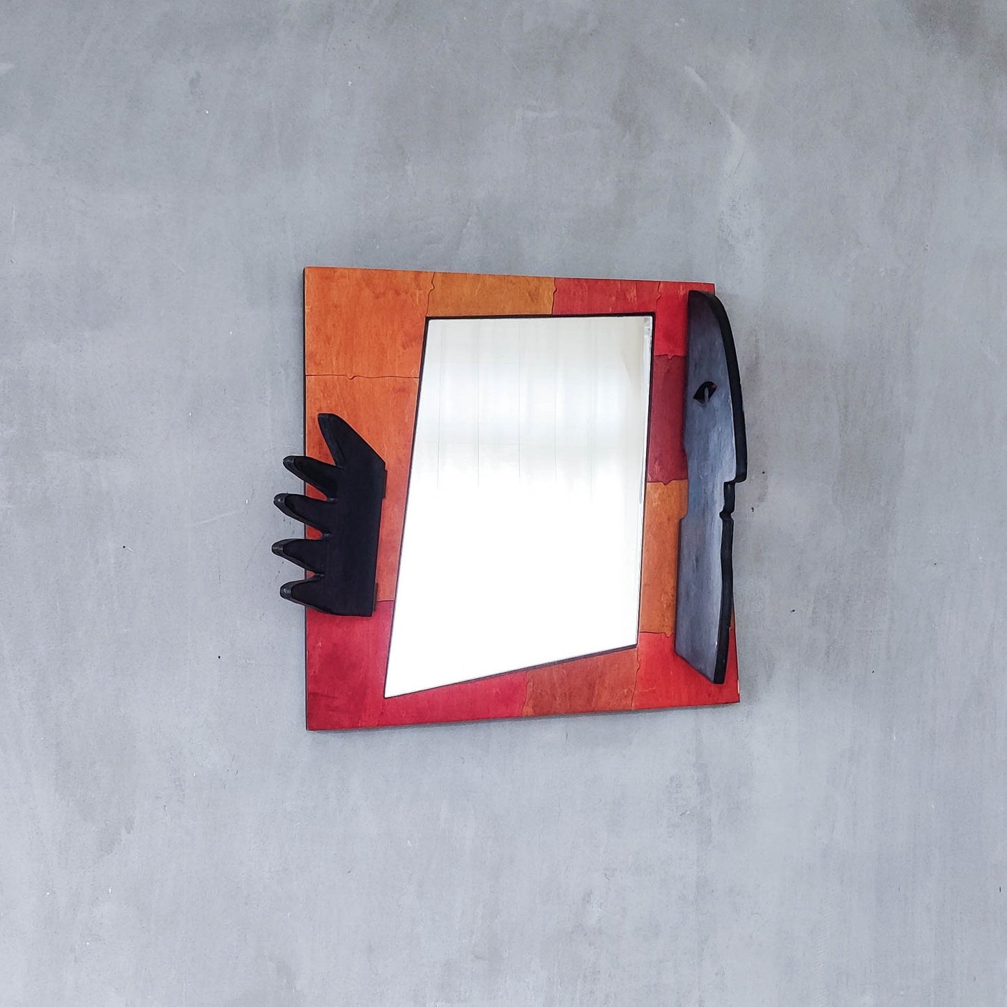 A vintage artist made modernist abstract puzzle mirror with hinged face and hand