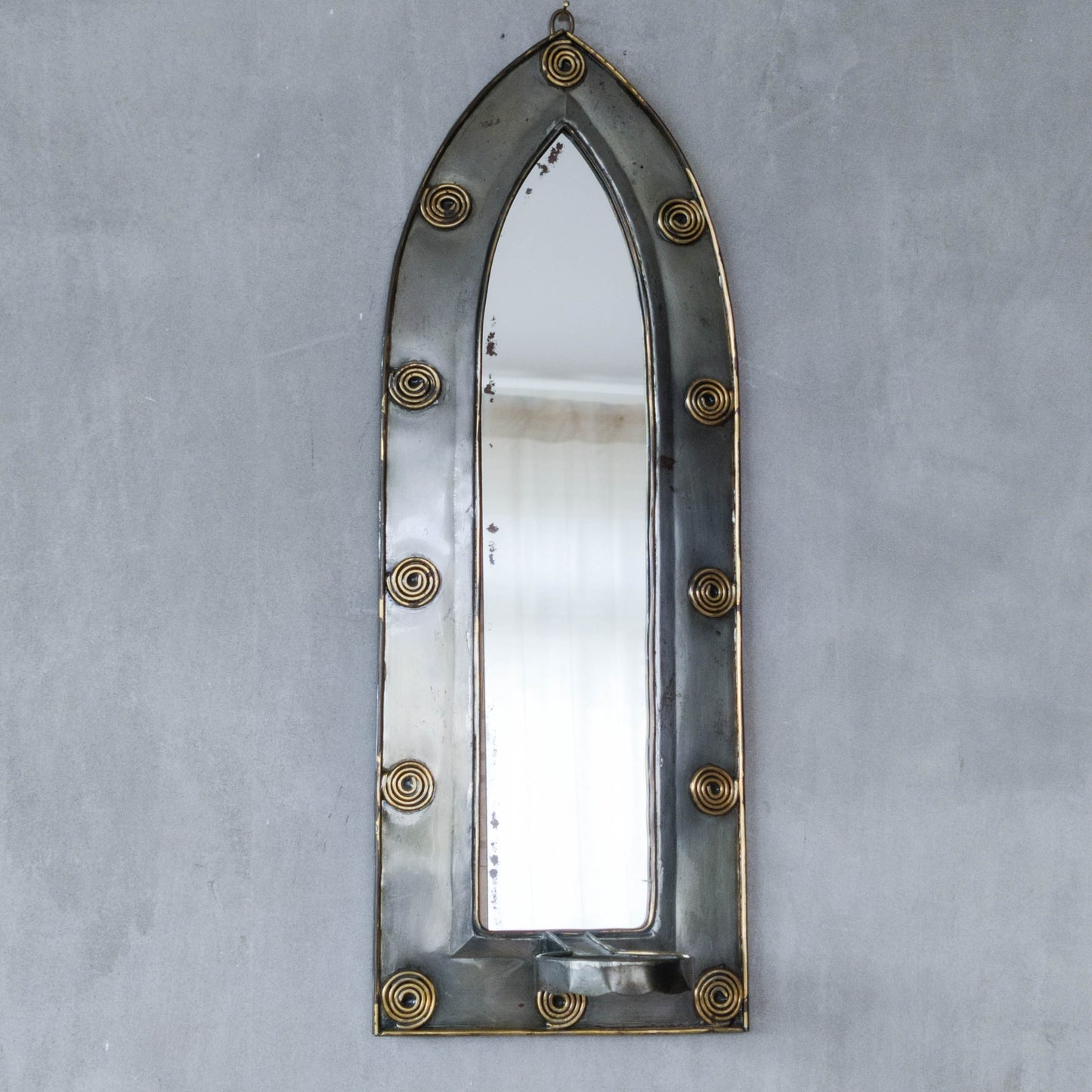 Vintage steel mirror wall candle sconce with wire spiral details