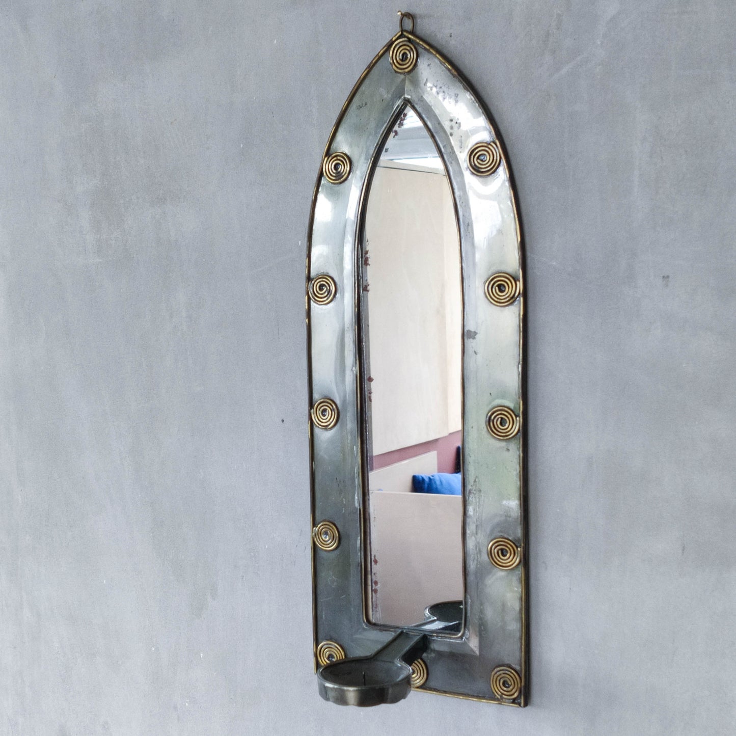 Vintage steel mirror wall candle sconce with wire spiral details