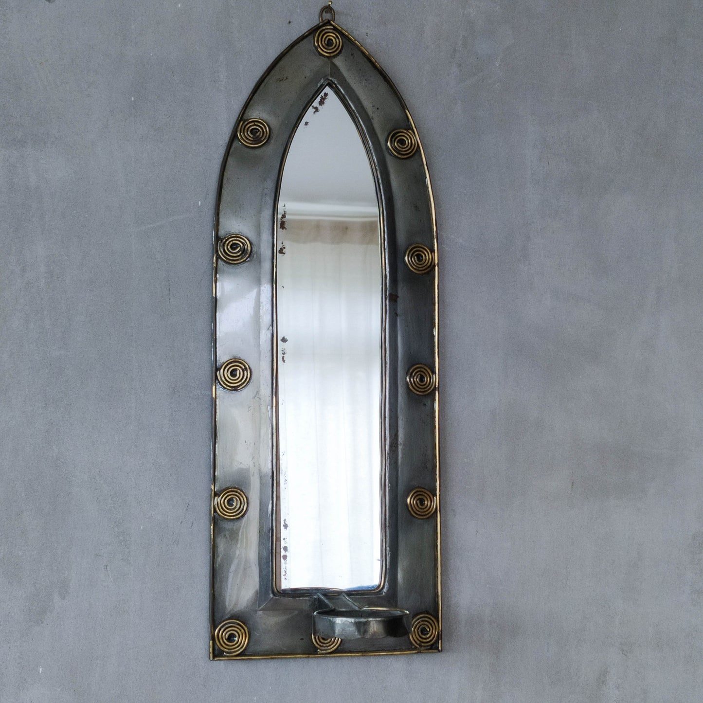 Vintage steel mirror wall candle sconce with wire spiral details