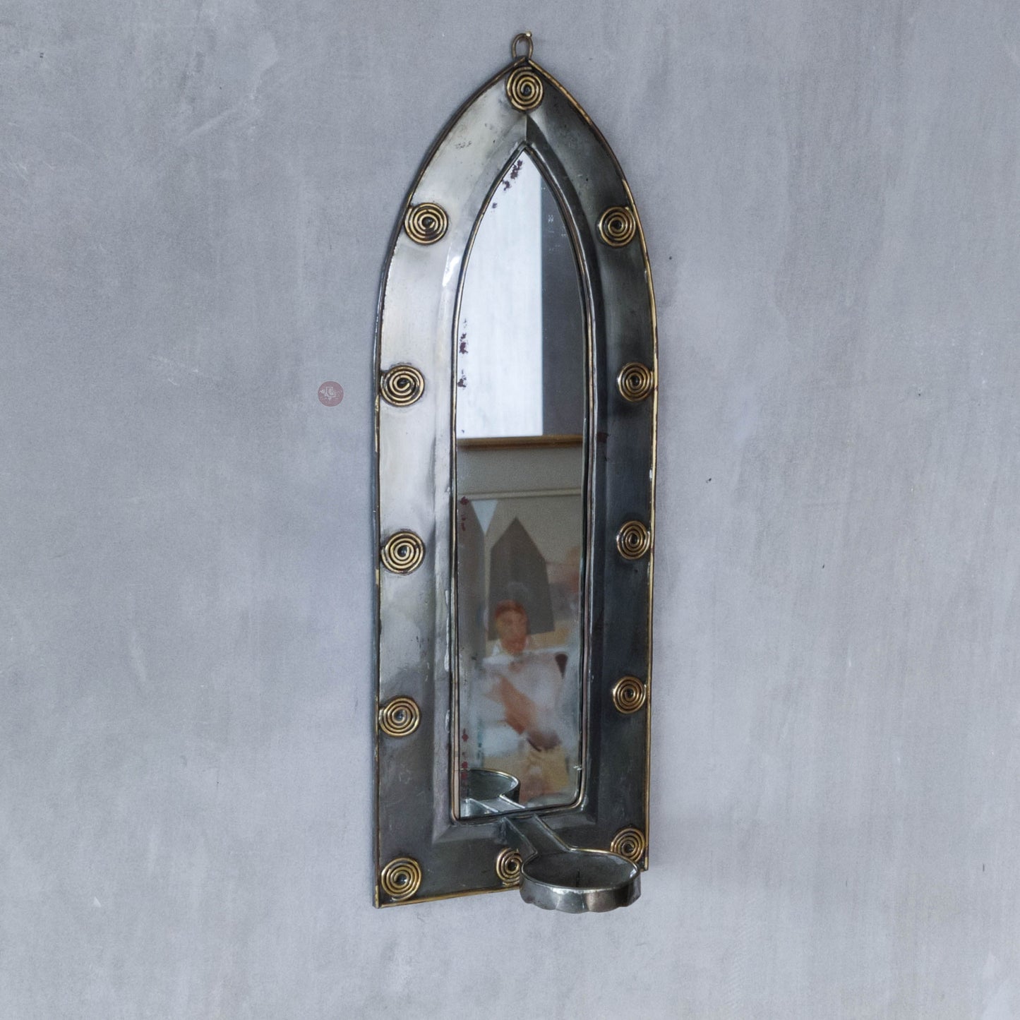 Vintage steel mirror wall candle sconce with wire spiral details
