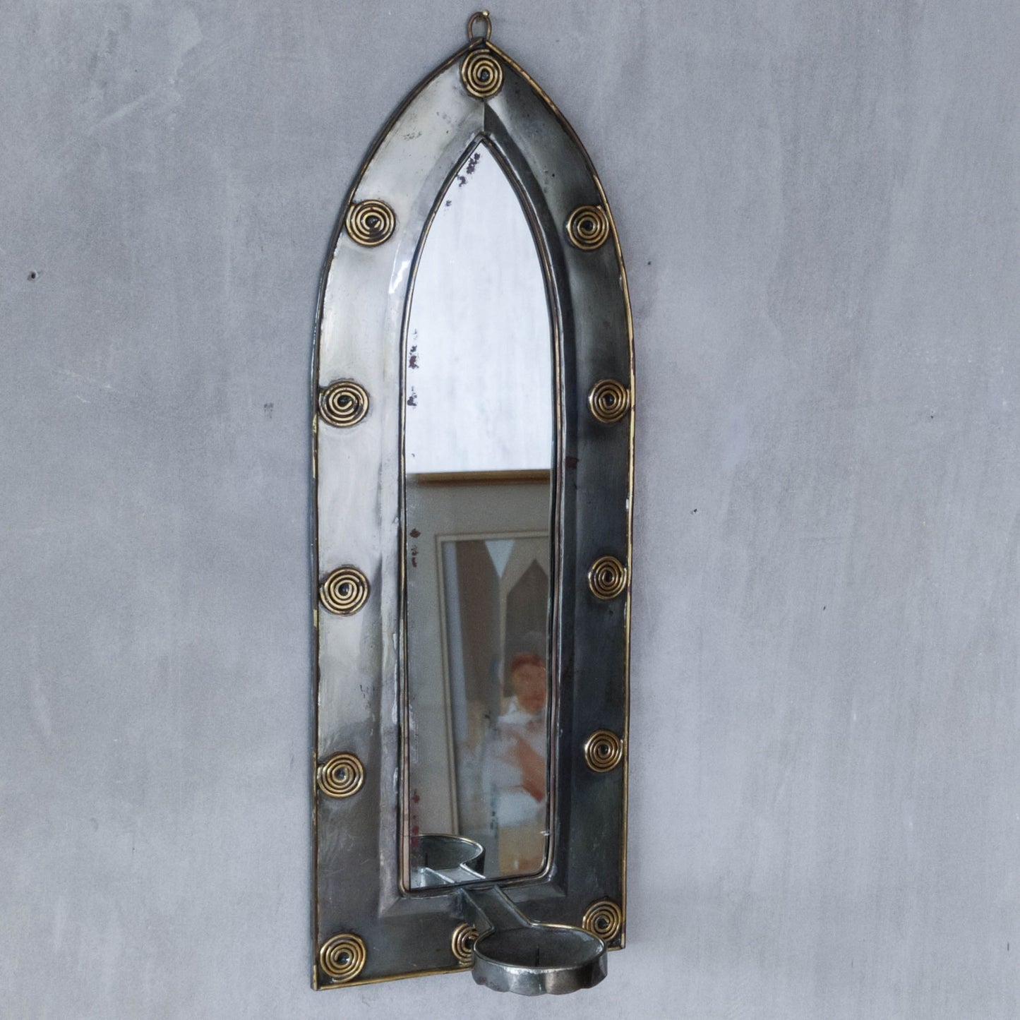 Vintage steel mirror wall candle sconce with wire spiral details