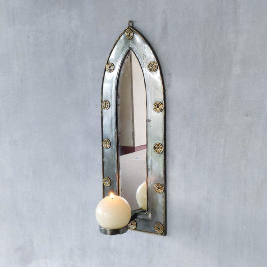 Vintage steel mirror wall candle sconce with wire spiral details