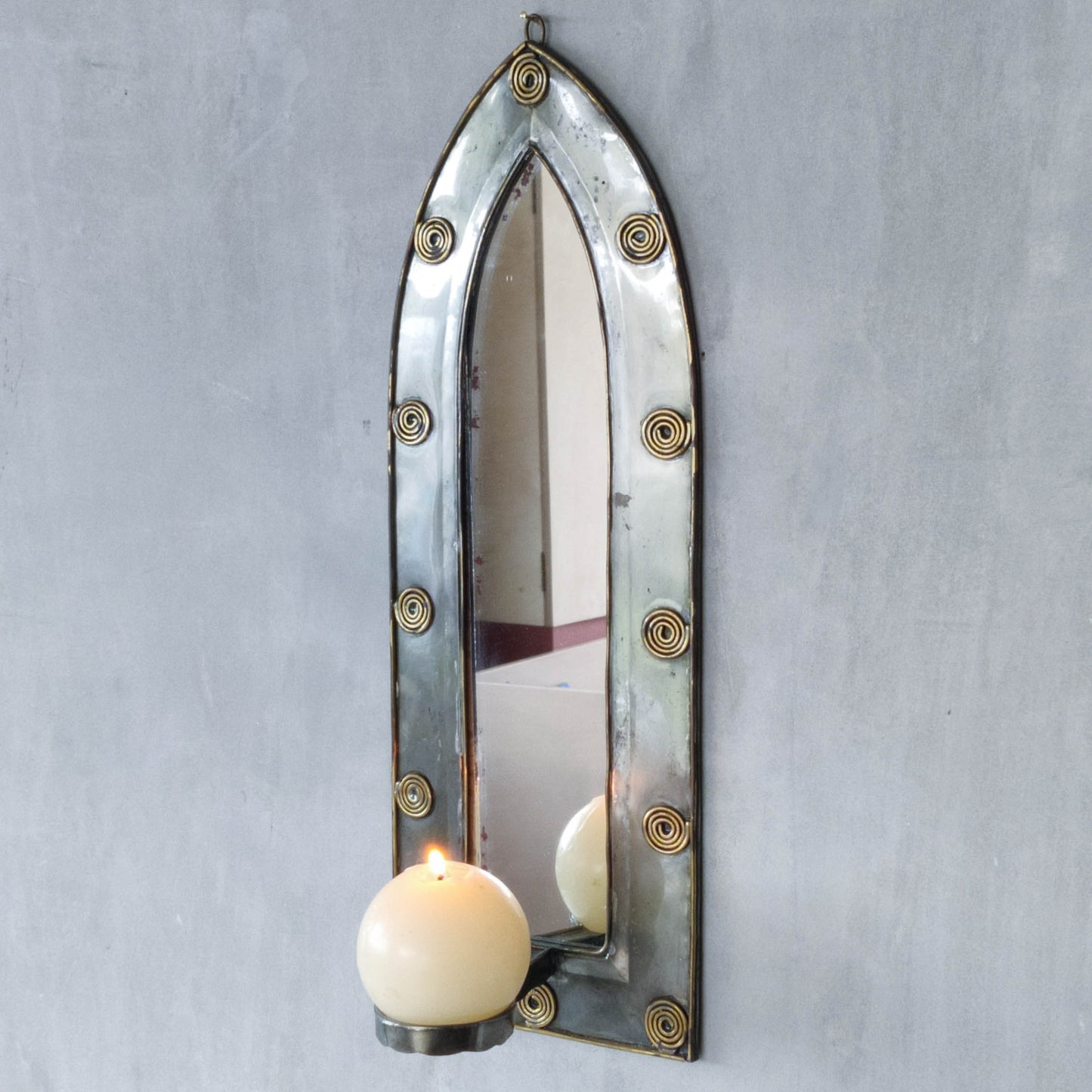 Vintage steel mirror wall candle sconce with wire spiral details