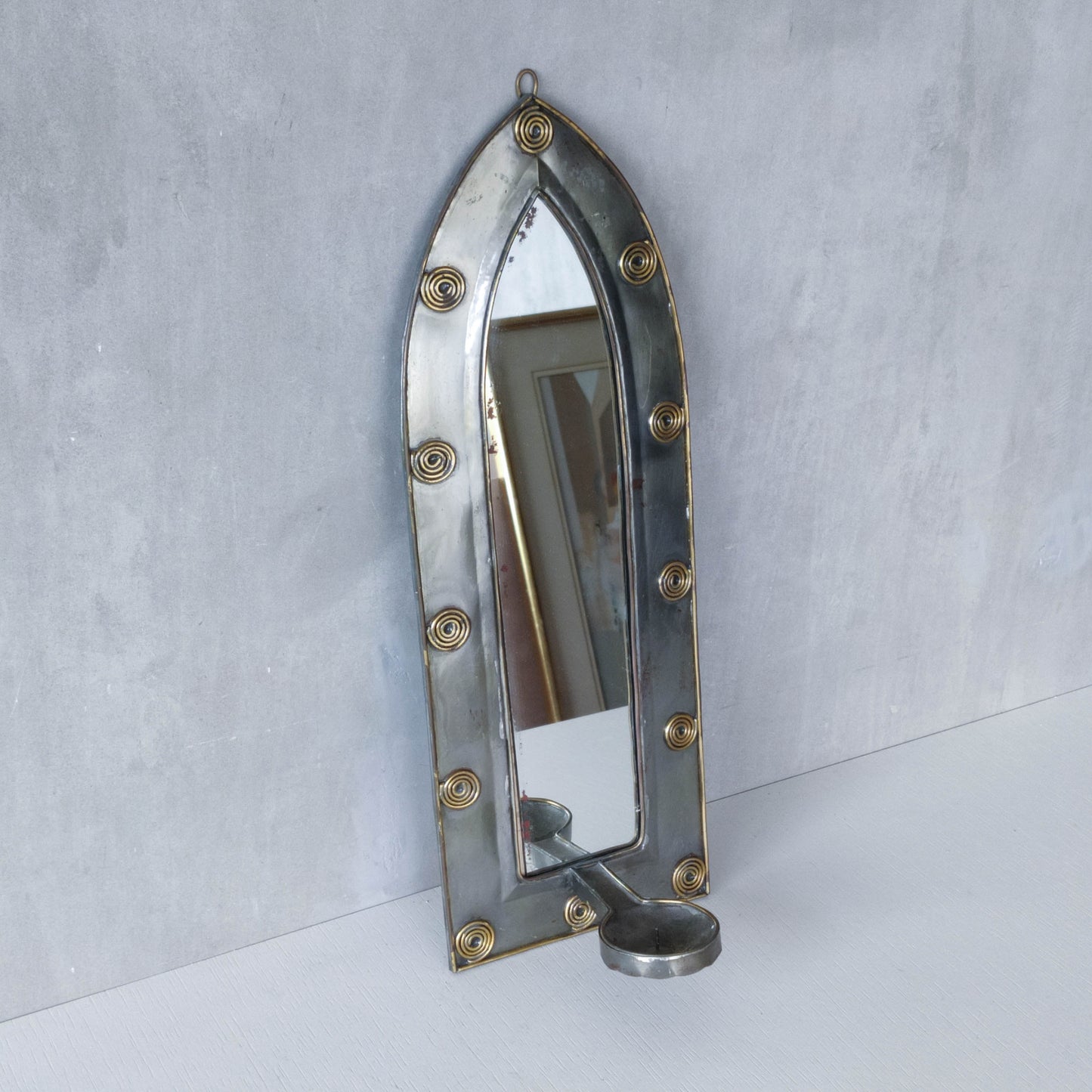Vintage steel mirror wall candle sconce with wire spiral details