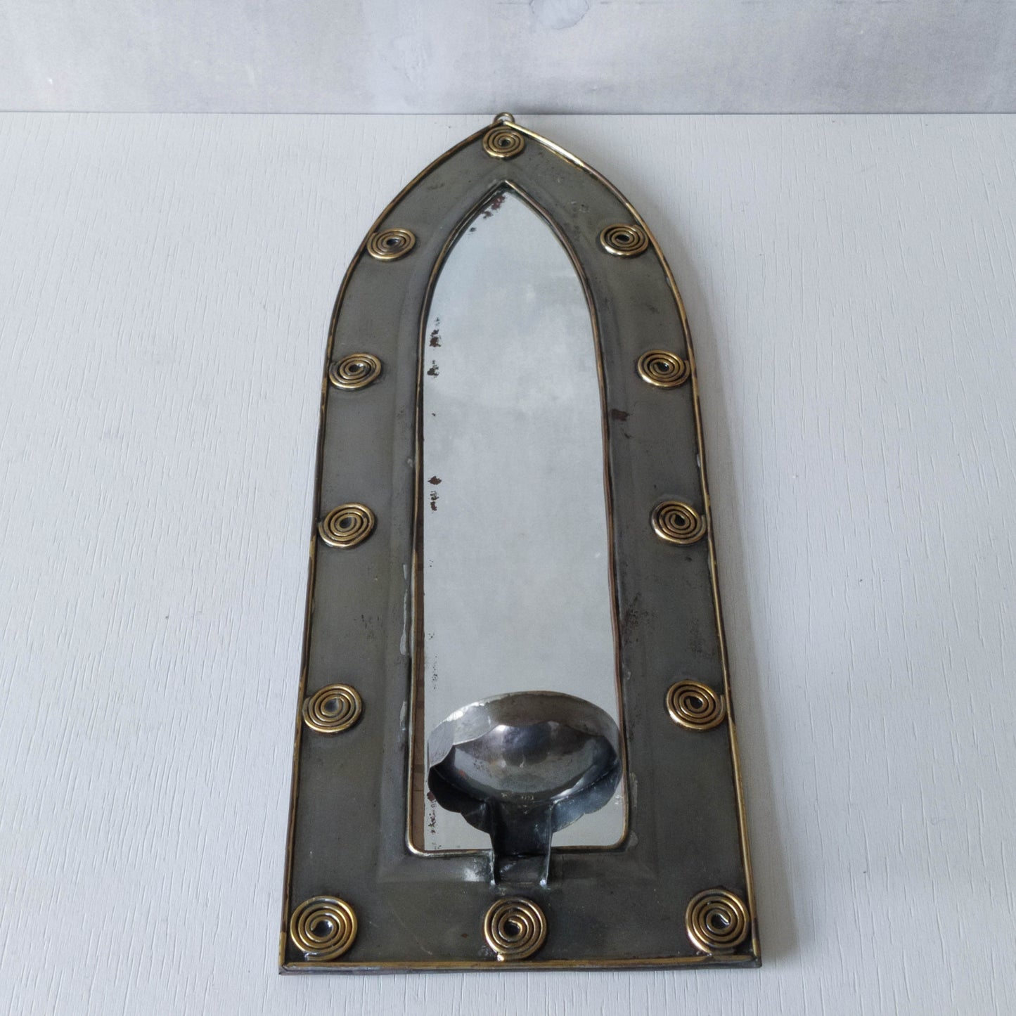 Vintage steel mirror wall candle sconce with wire spiral details
