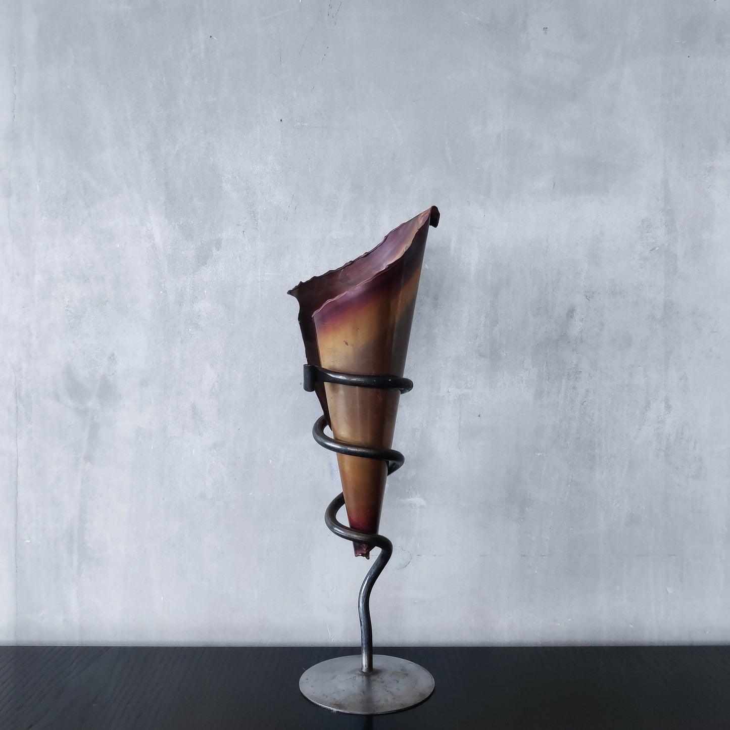 Vintage artisan large forged steel and conical copper sculptural vase