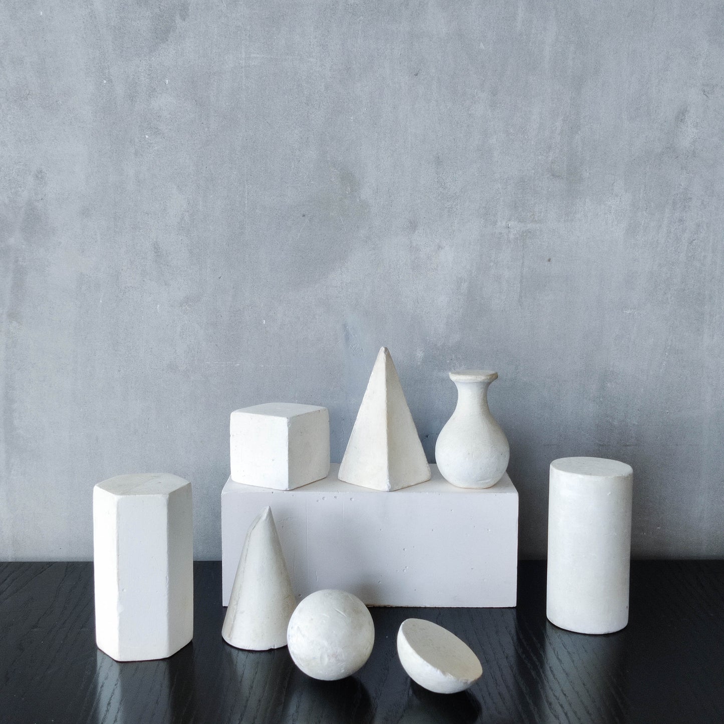 Set of 8 mid century cast plaster artist drawing geometric models sculptures
