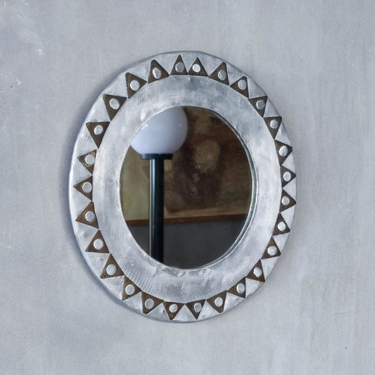 Vintage handmade brushed aluminium and copper circular mirror