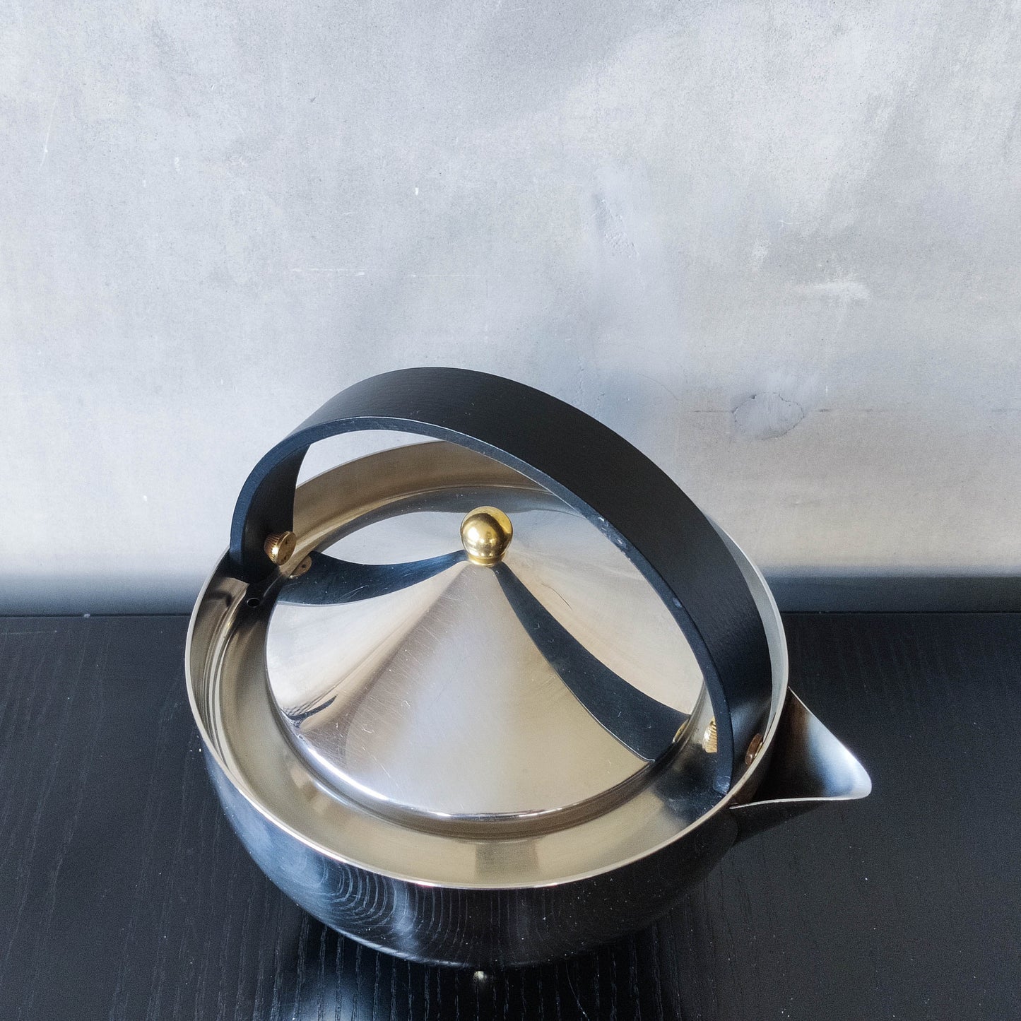 1980s Carsten Jorgensen stainless steel and brass 'Teabowl' teapot for Bodum