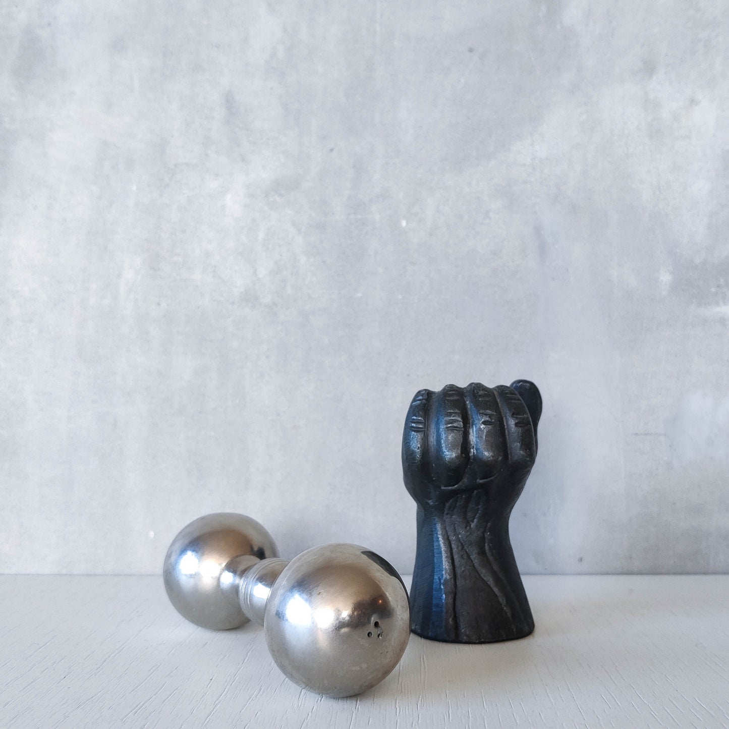 RESERVED Vintage whimsical pop art Michael Aram salt & pepper shaker metal barbell hand