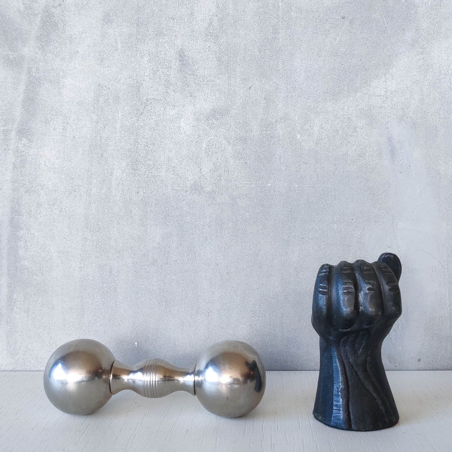 RESERVED Vintage whimsical pop art Michael Aram salt & pepper shaker metal barbell hand
