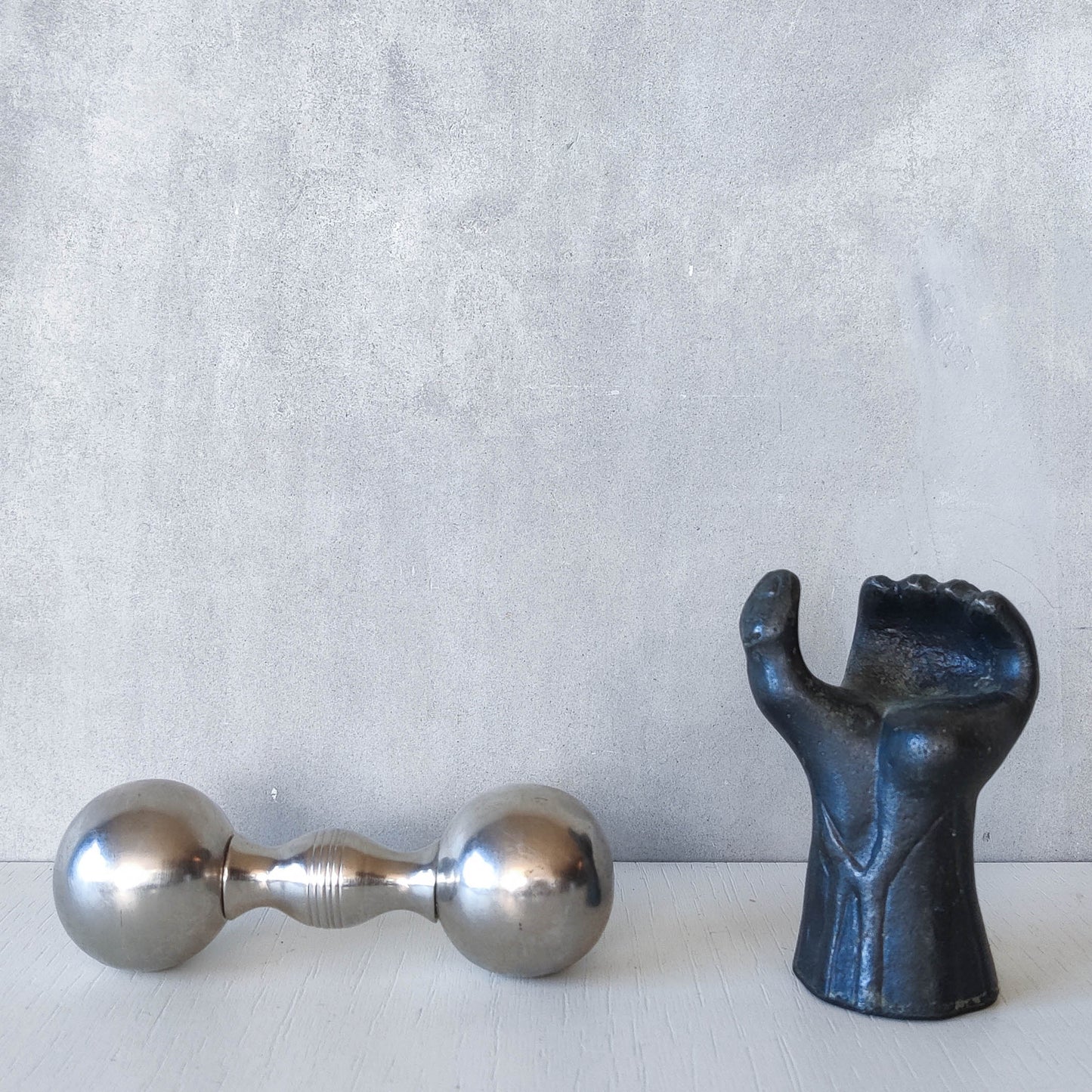 RESERVED Vintage whimsical pop art Michael Aram salt & pepper shaker metal barbell hand