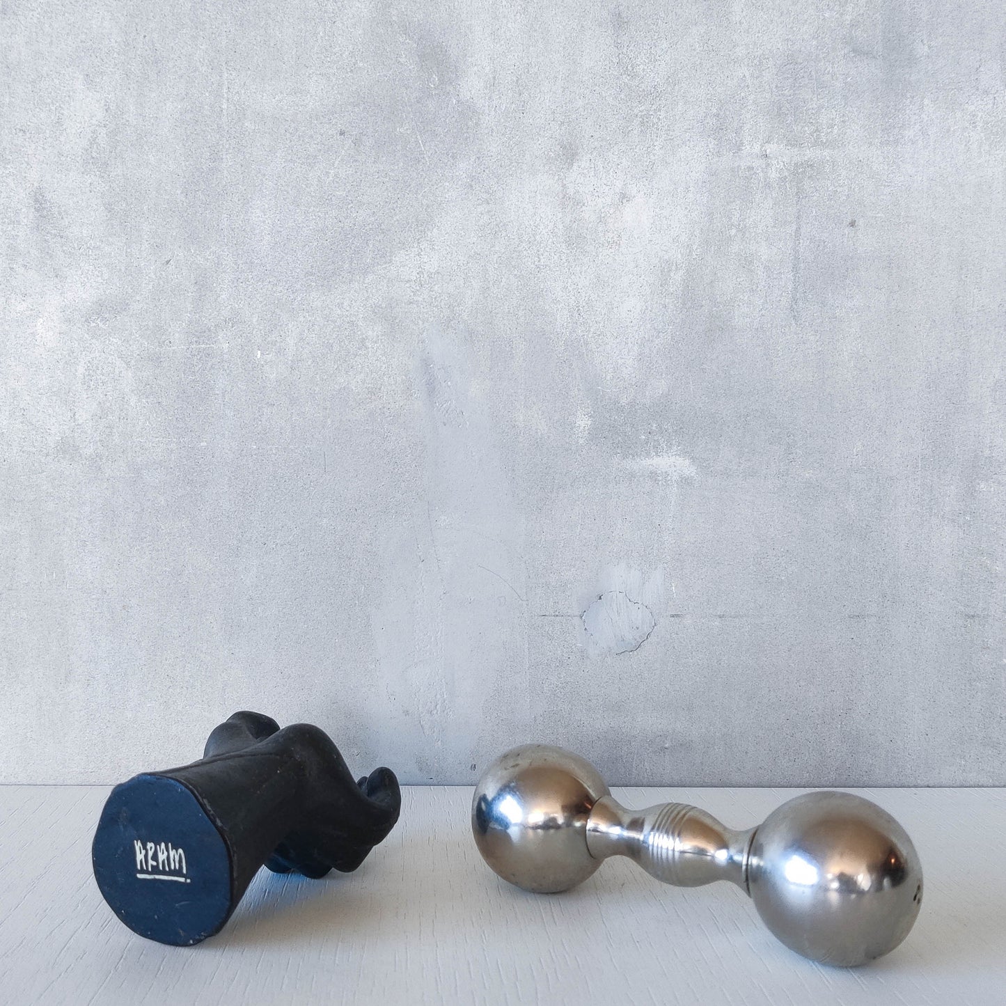 RESERVED Vintage whimsical pop art Michael Aram salt & pepper shaker metal barbell hand