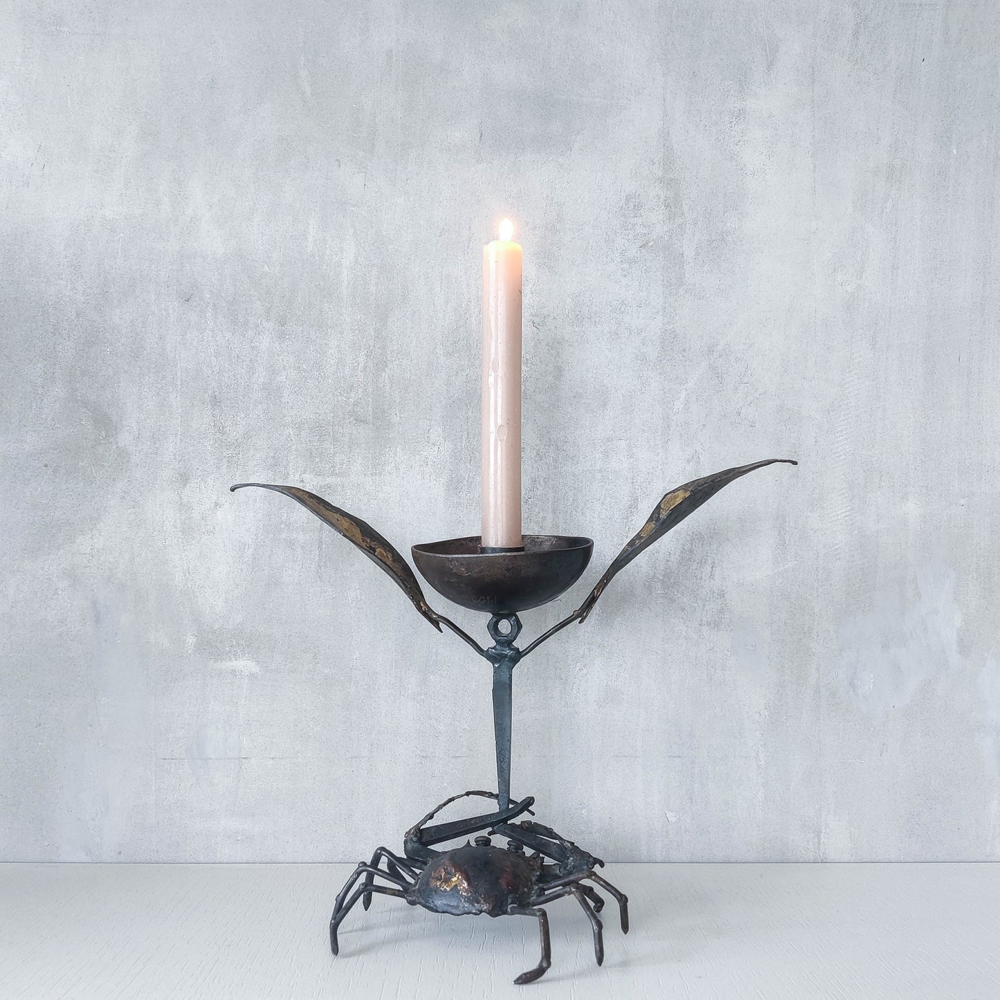 A vintage 1988 signed artisan made metalwork surreal candle holder with crab