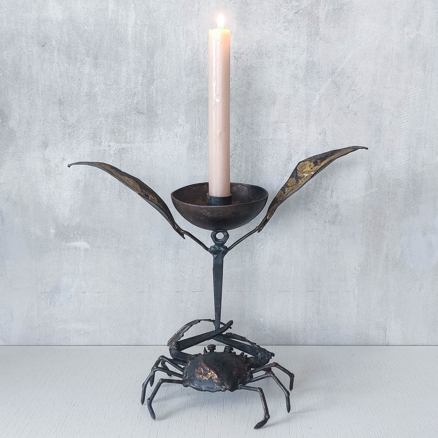 A vintage 1988 signed artisan made metalwork surreal candle holder with crab