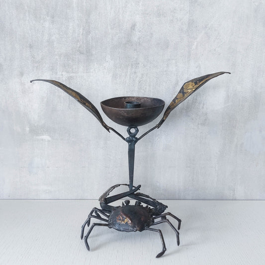 A vintage 1988 signed artisan made metalwork surreal candle holder with crab