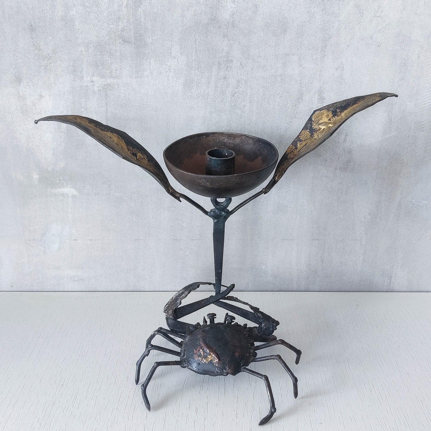 A vintage 1988 signed artisan made metalwork surreal candle holder with crab