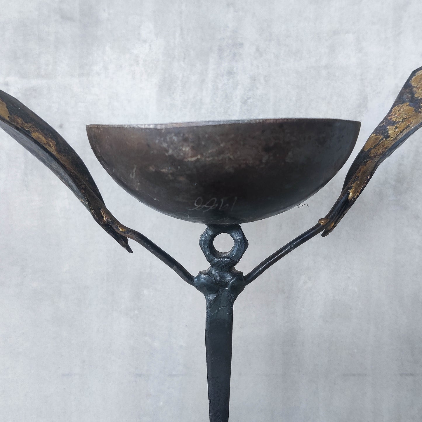 A vintage 1988 signed artisan made metalwork surreal candle holder with crab