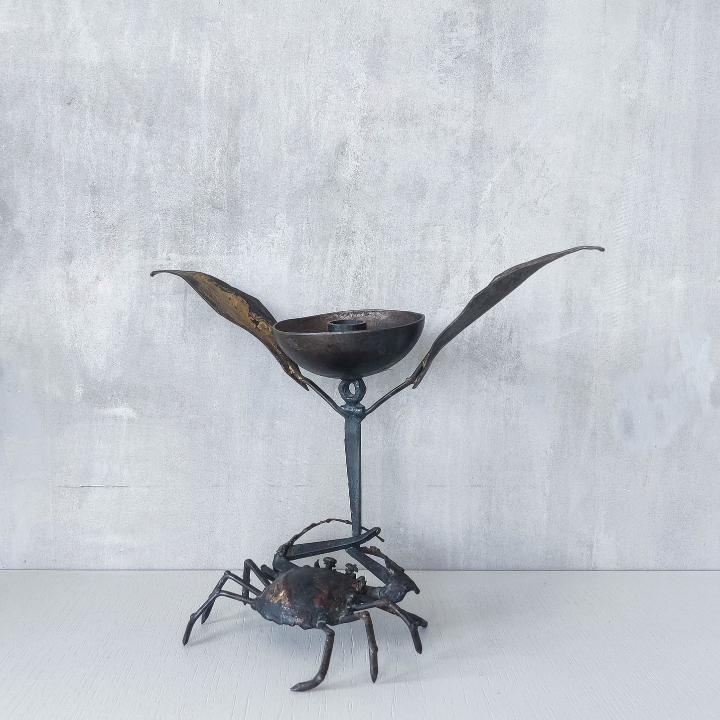 A vintage 1988 signed artisan made metalwork surreal candle holder with crab