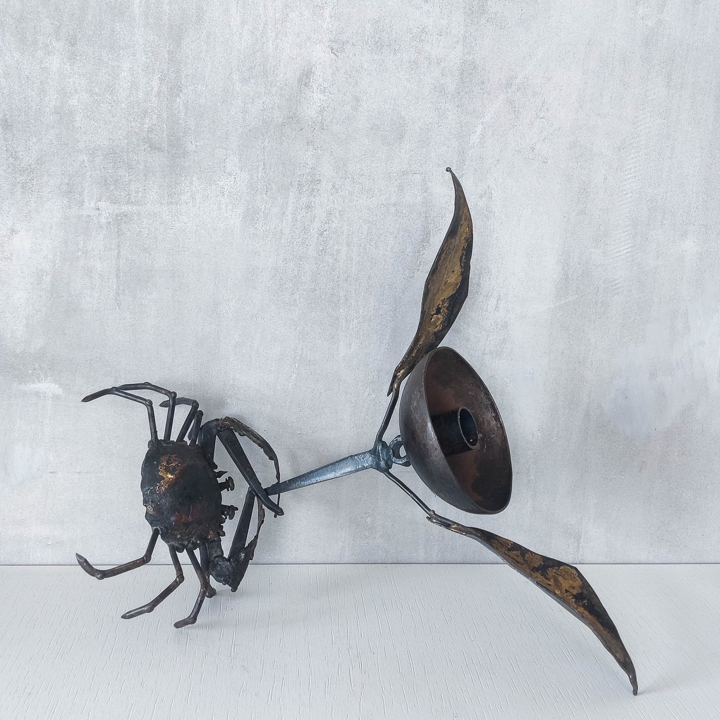 A vintage 1988 signed artisan made metalwork surreal candle holder with crab