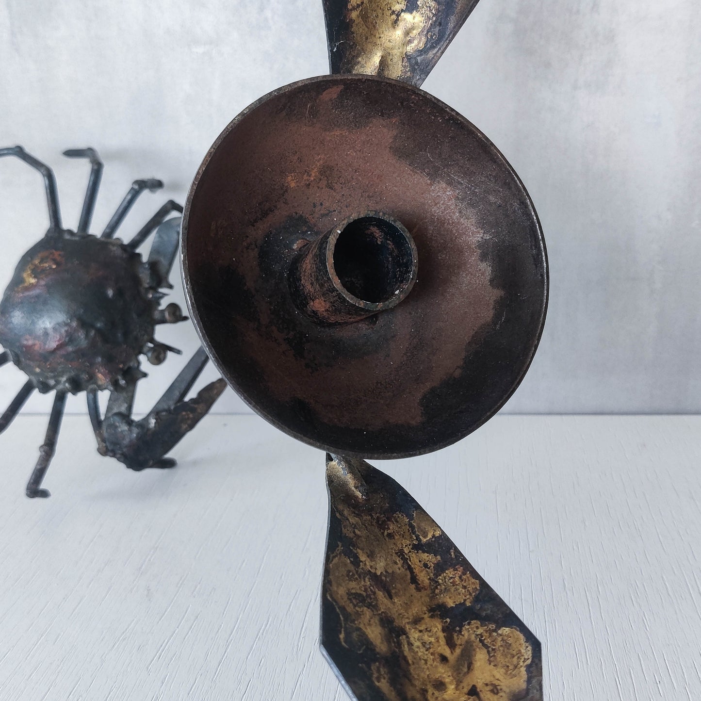A vintage 1988 signed artisan made metalwork surreal candle holder with crab