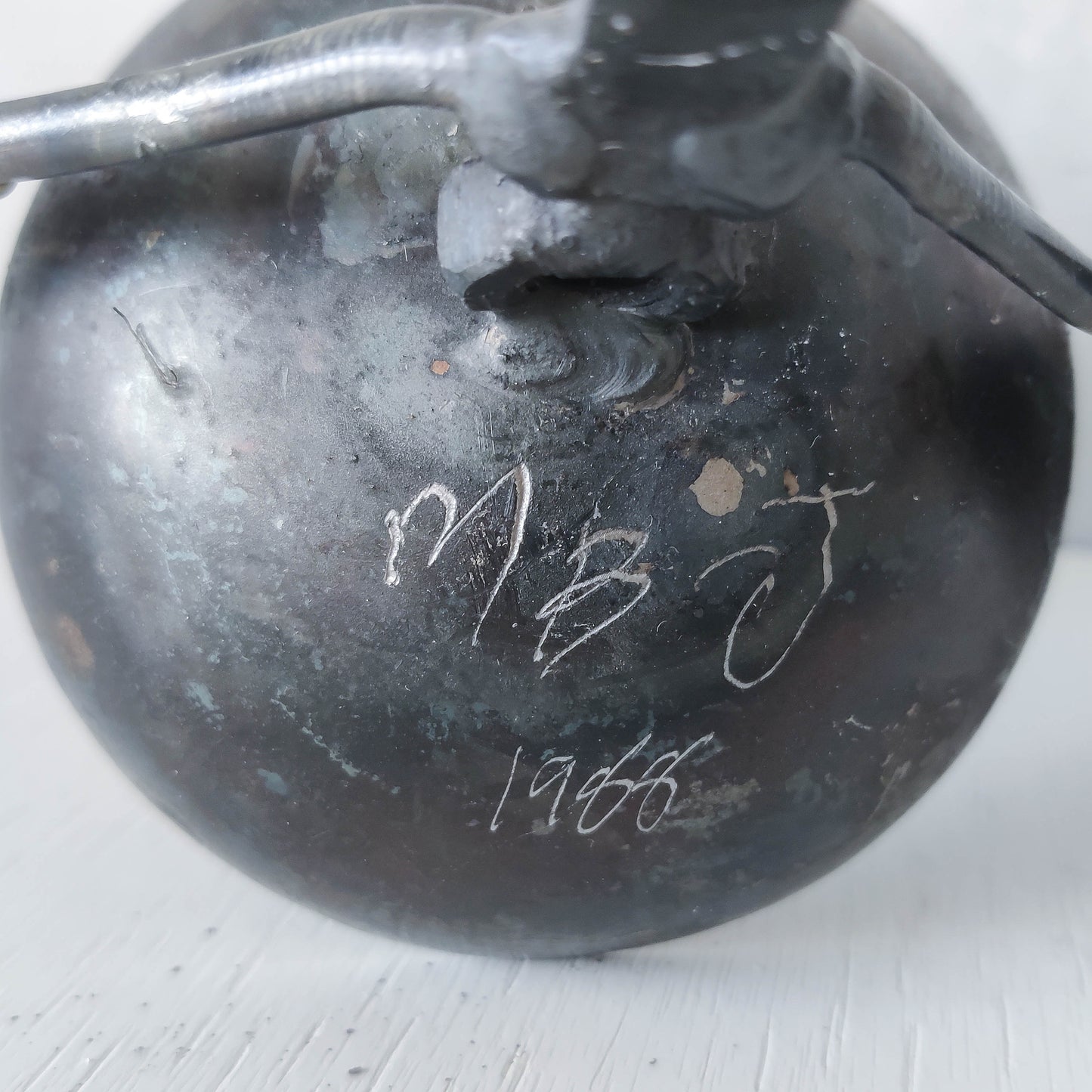 A vintage 1988 signed artisan made metalwork surreal candle holder with crab