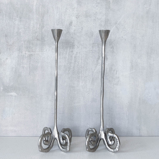 Pair of vintage cast aluminium candle holders with spiral feet