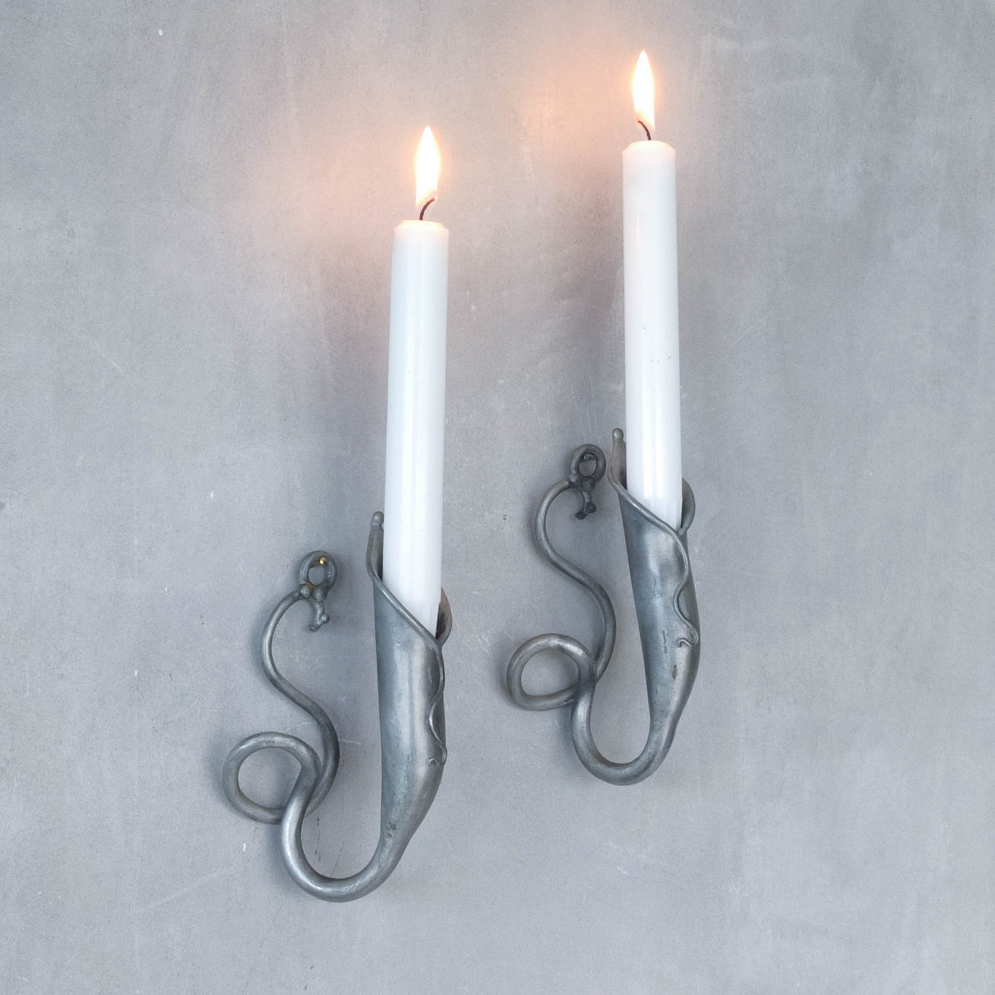 Pair of vintage handmade pewter candle holder wall sconces