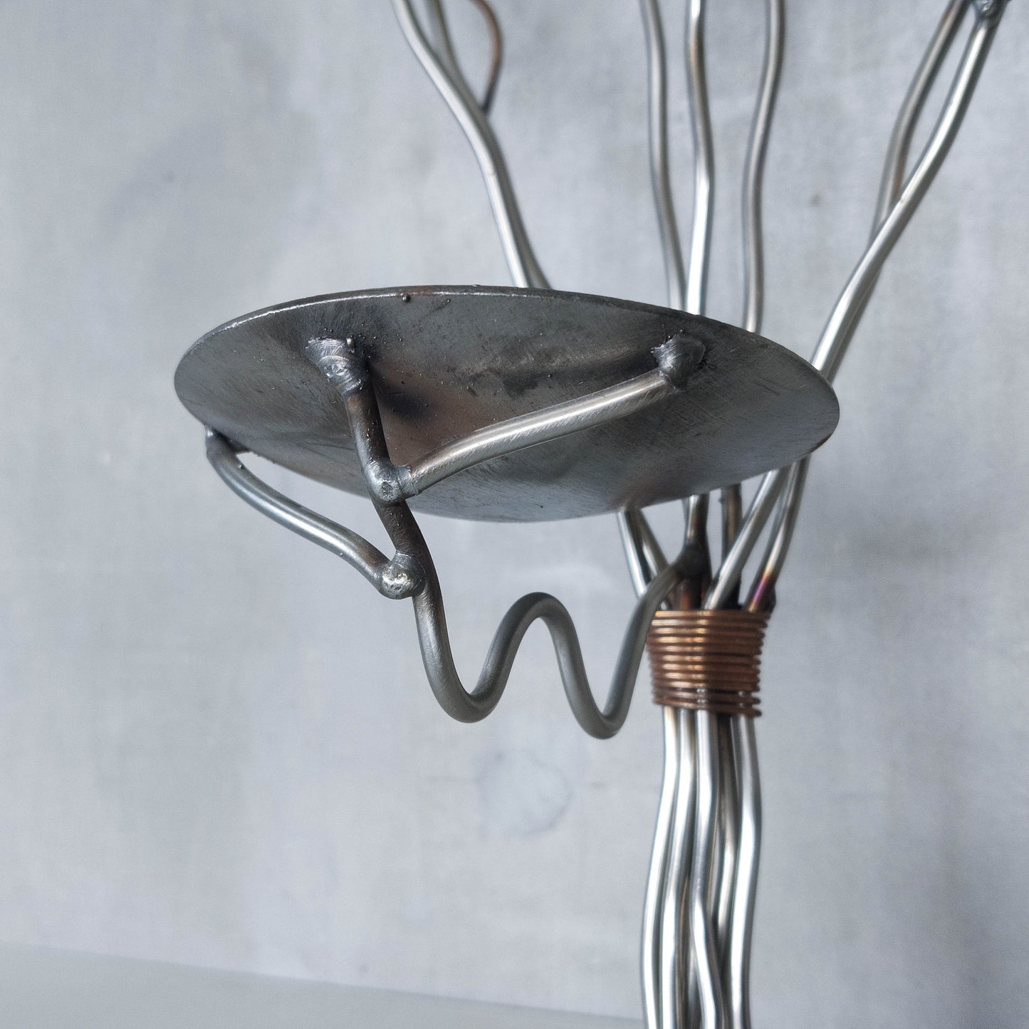 Vintage pair of large artisan made wirework steel and copper candle wall sconces