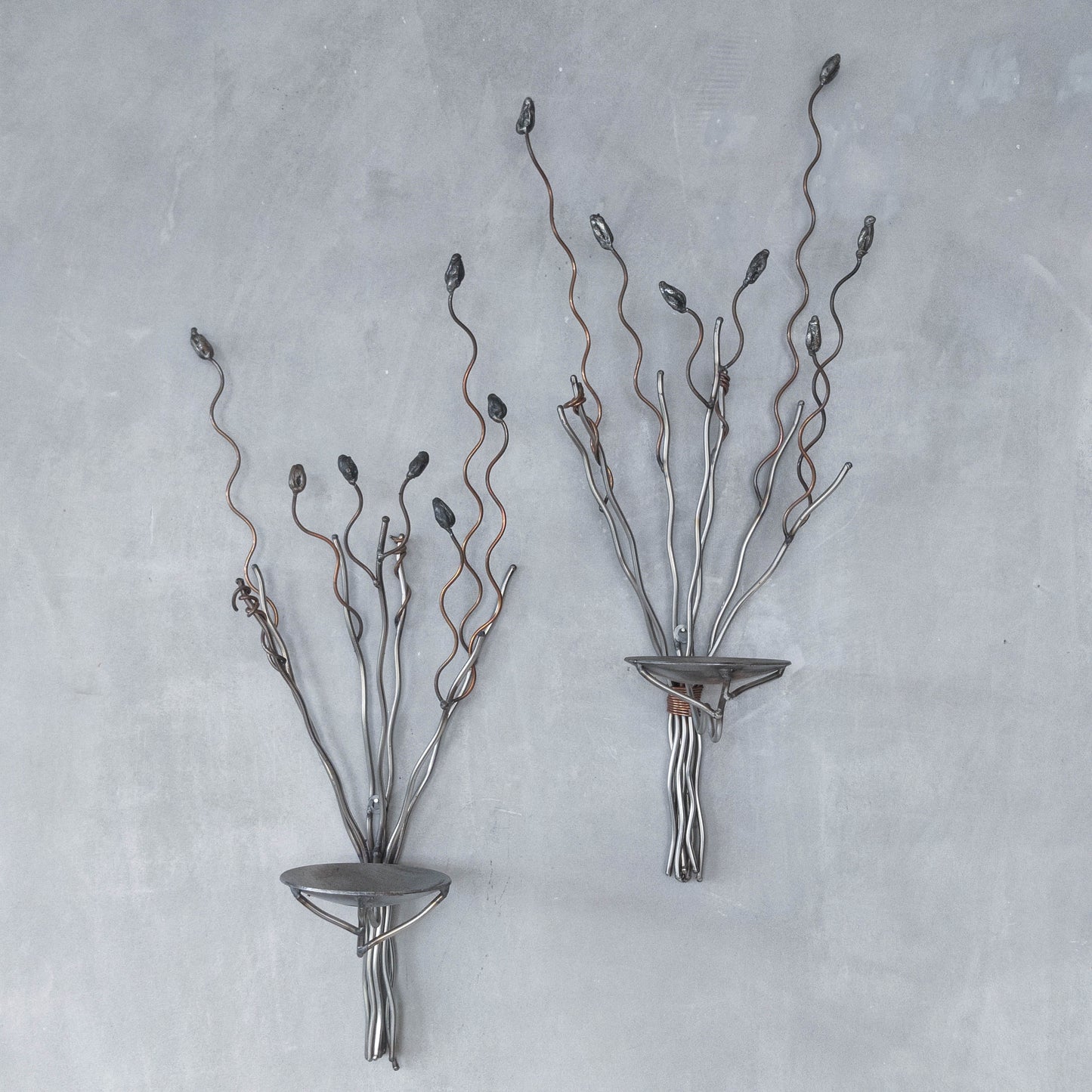 Vintage pair of large artisan made wirework steel and copper candle wall sconces