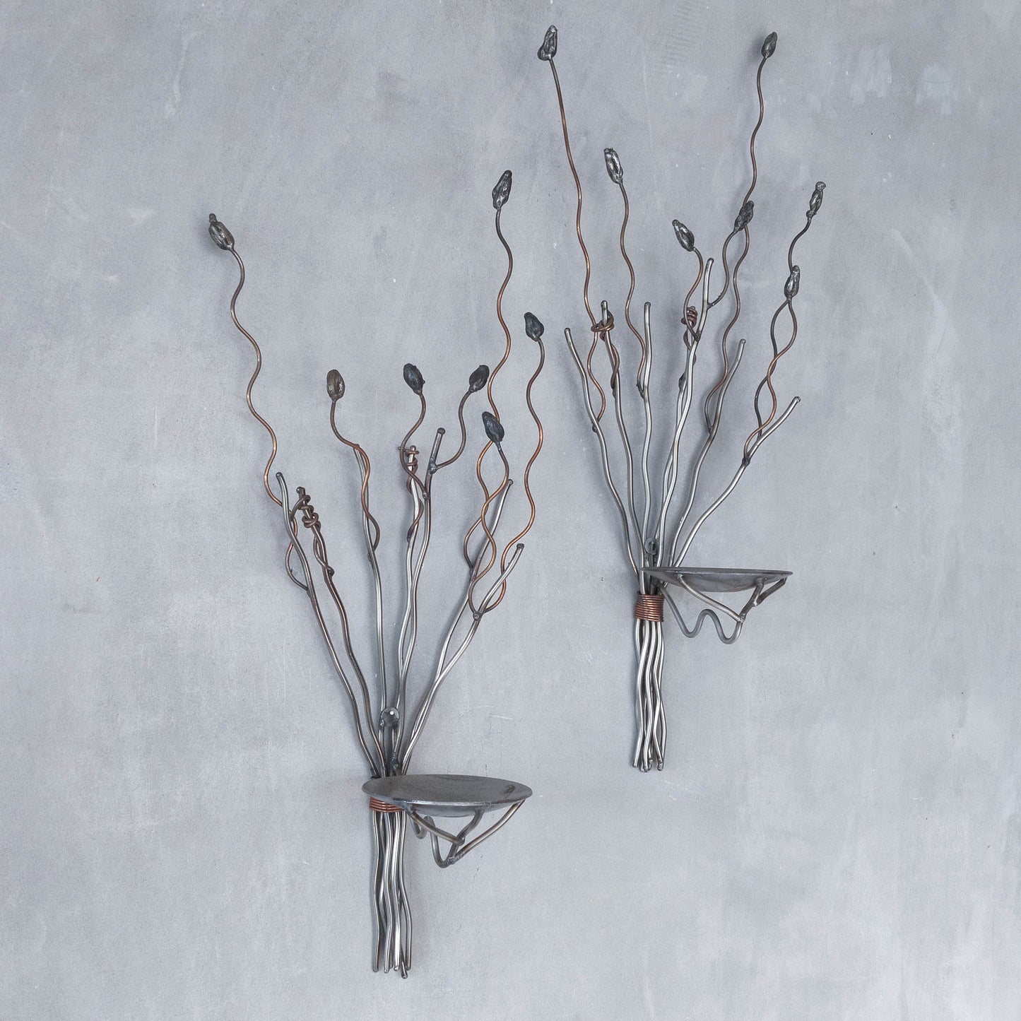 Vintage pair of large artisan made wirework steel and copper candle wall sconces